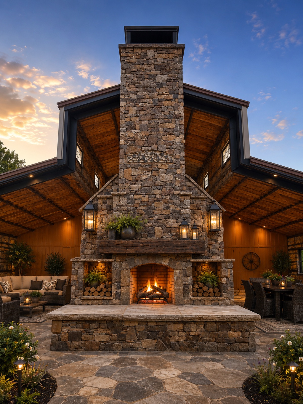 Outdoor kitchen and stone fireplace pavilion at dusk