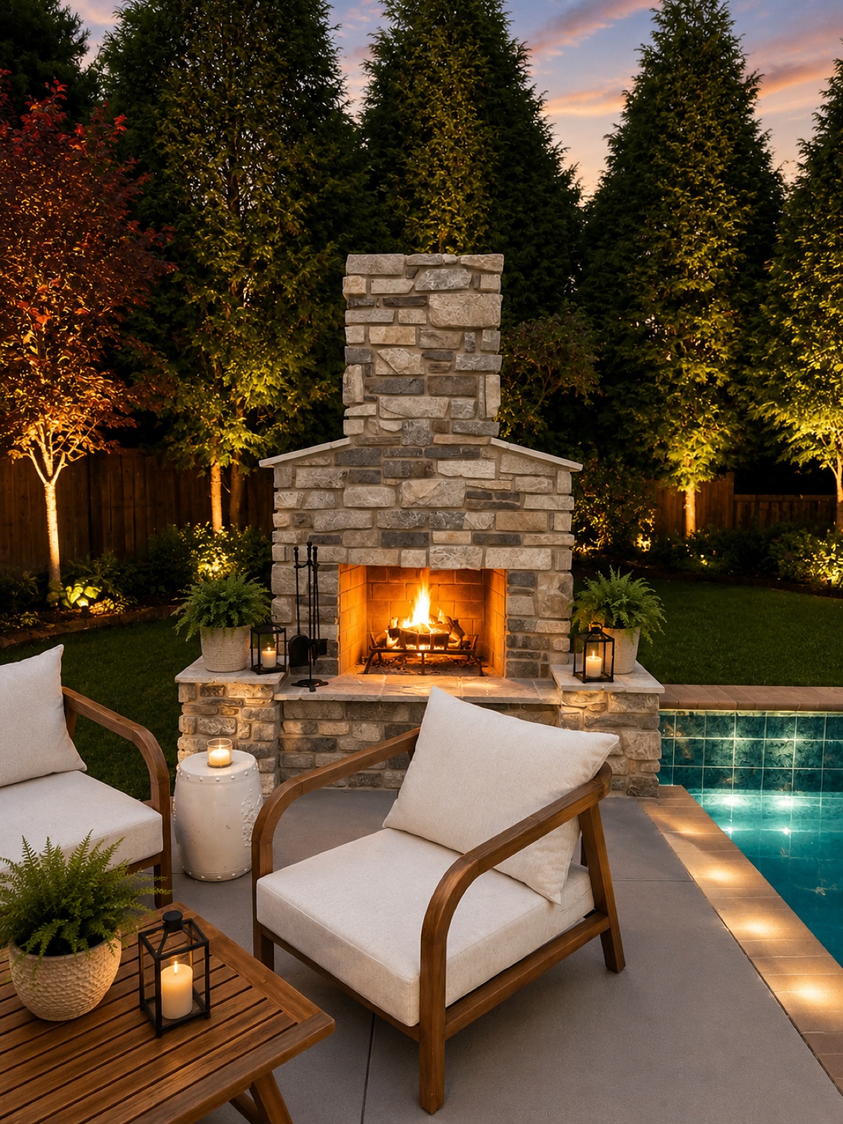 Stone outdoor fireplace beside a pool at dusk