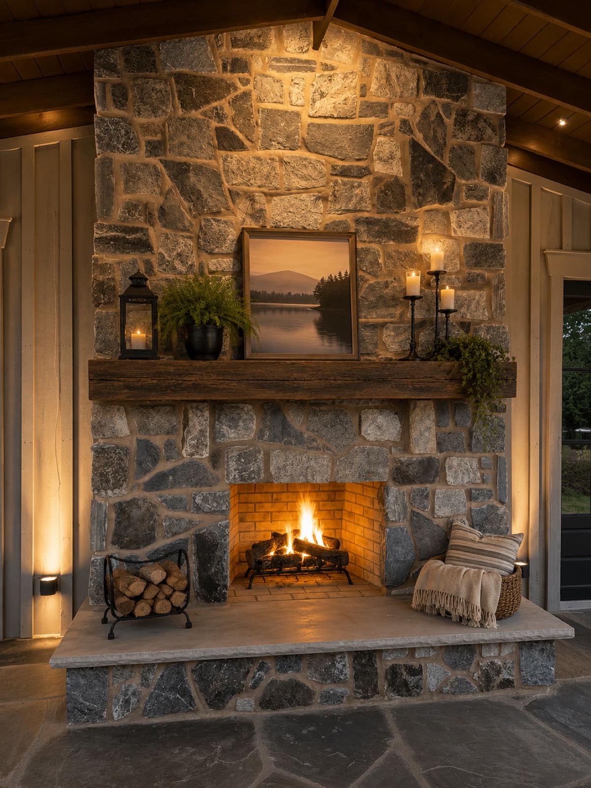 Stacked-stone outdoor fireplace with fire