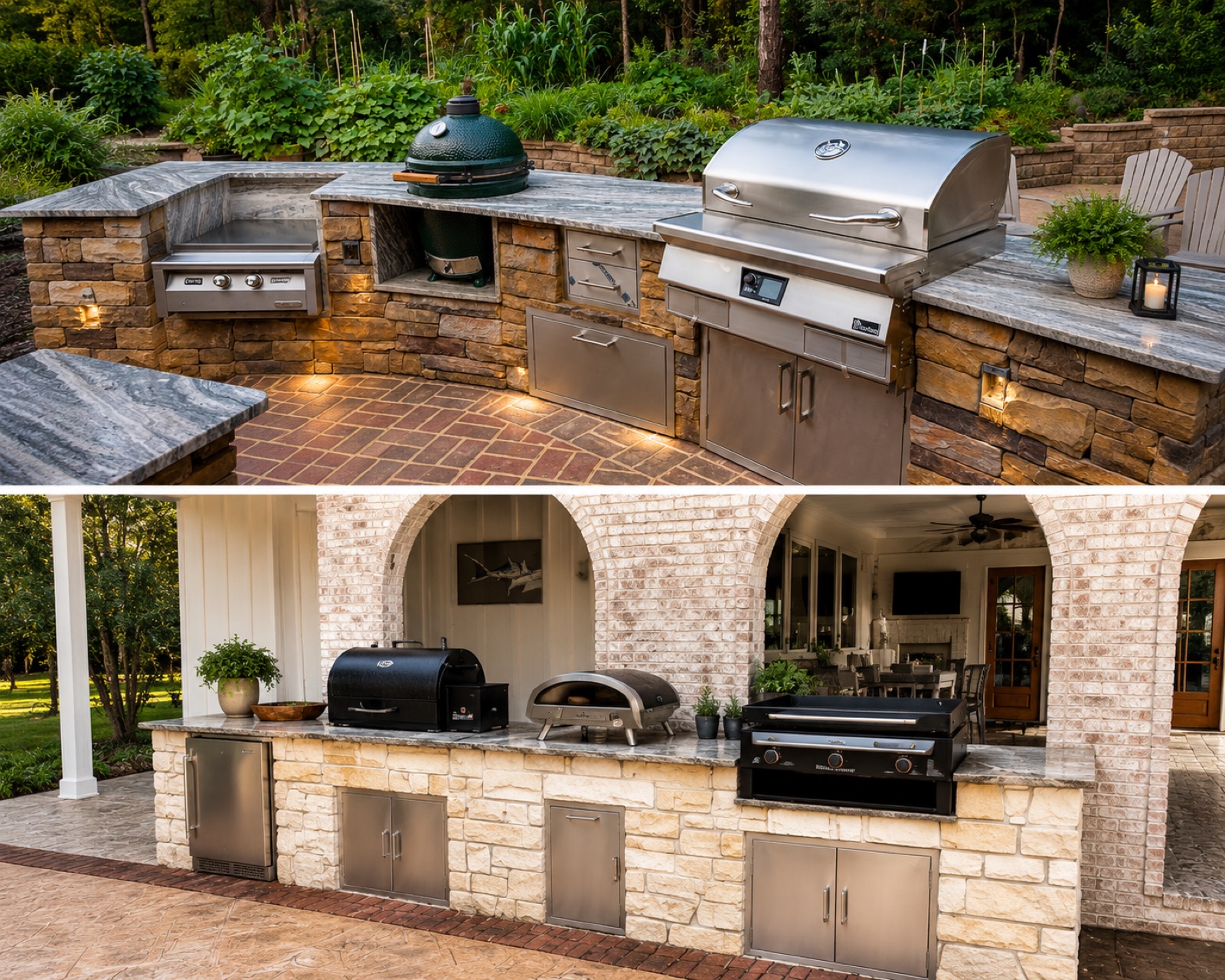 Two natural-stone outdoor kitchens with built-in grills