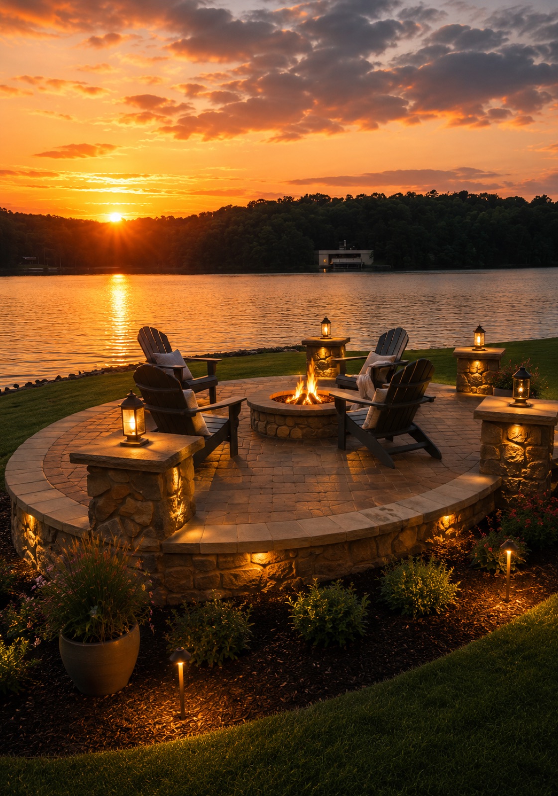 Lakeside stone fire pit patio at dusk