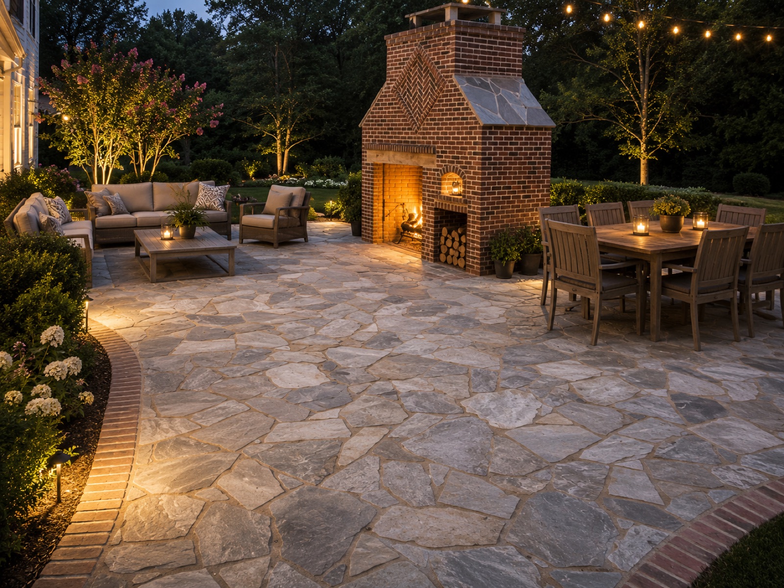 Stone patio with fireplace, twilight aerial