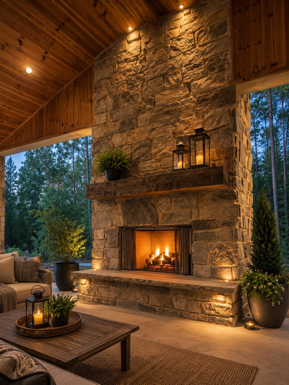 Covered porch with tall stacked-stone fireplace