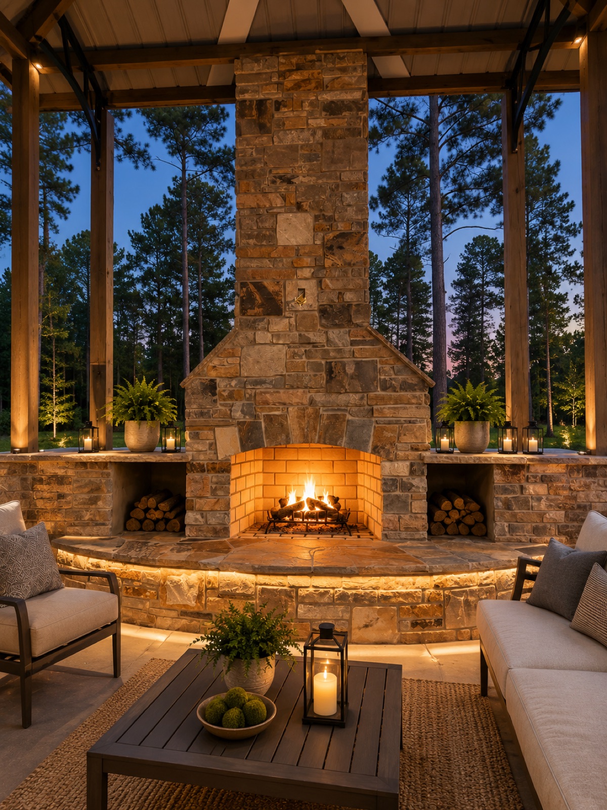 Covered outdoor pavilion with stone fireplace at dusk