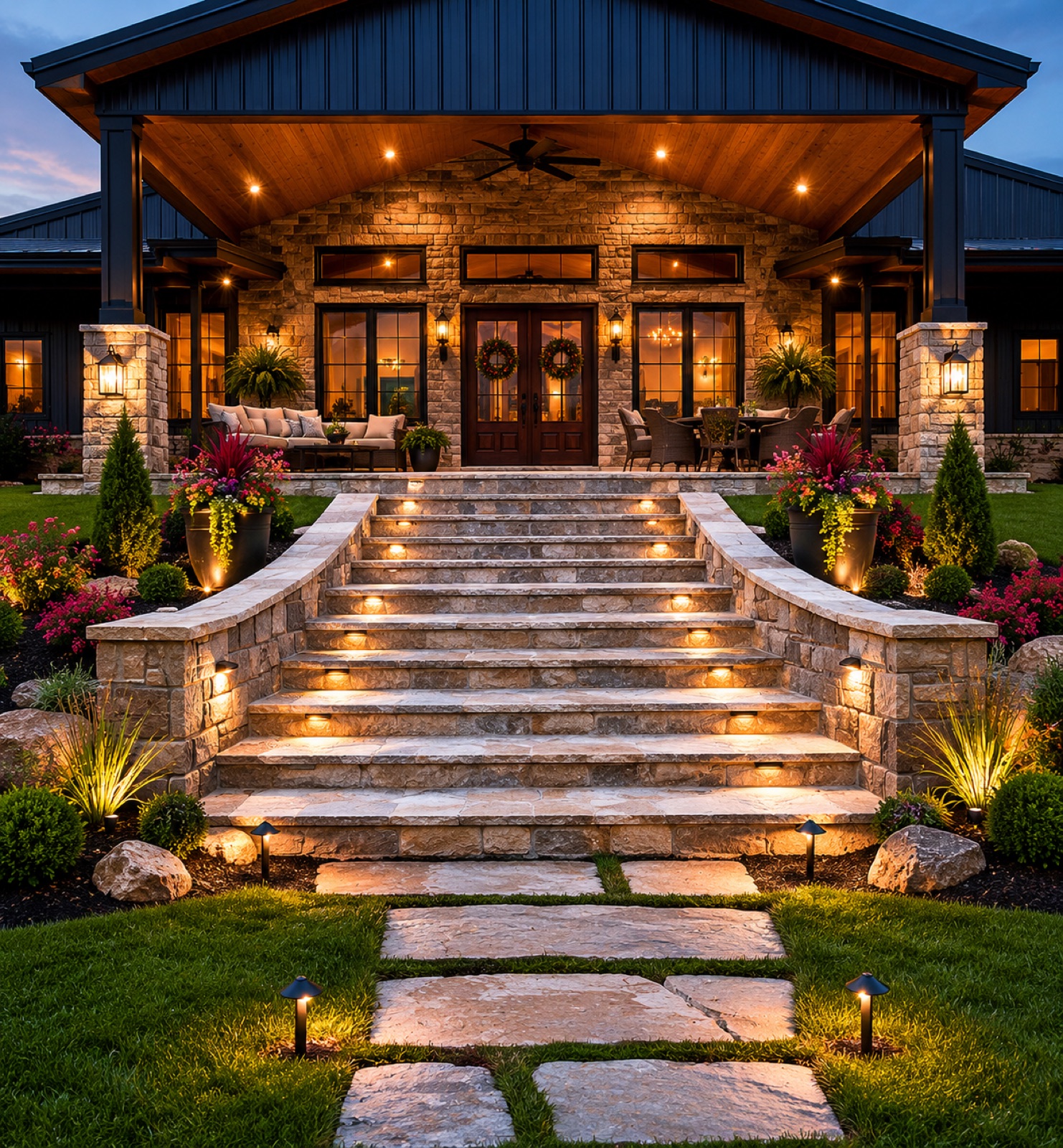 Stone staircase and covered entry